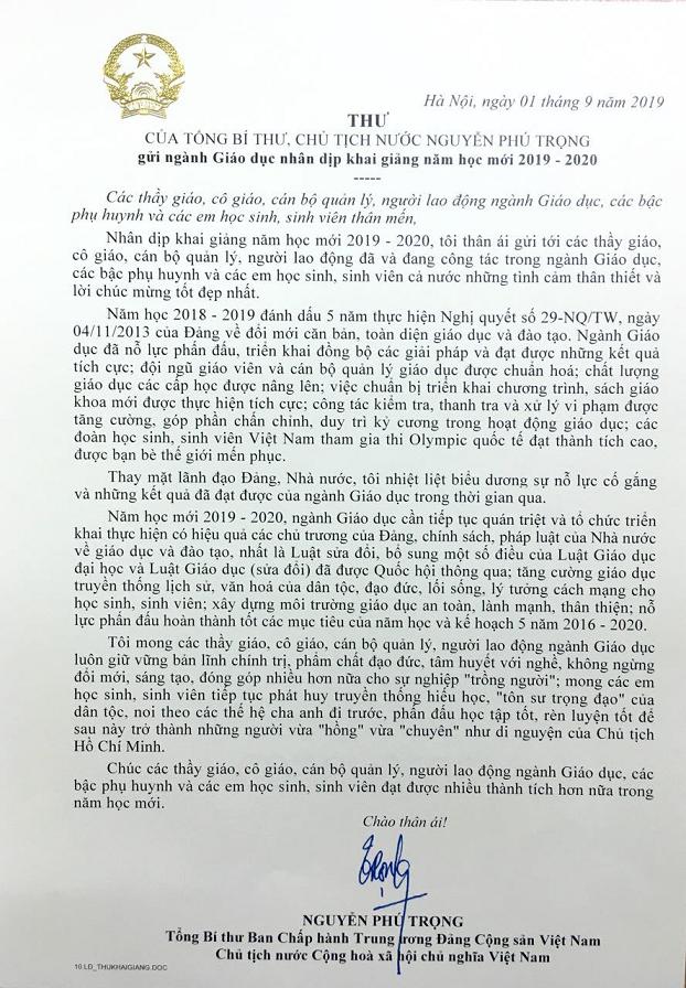 Tổng Bí thư, Chủ tịch nước Nguyễn Phú Trọng gửi thư chúc mừng năm học mới 2019-2020