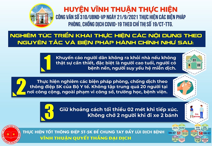 Huyện Vĩnh Thuận thực hiện Công văn số 310/UBND-VP ngày 21/9/2021 về thực hiện các biện pháp phòng, chống dịch Covid-19 theo Chỉ thị số 19/CT-TTG của Thủ tướng Chính phủ.